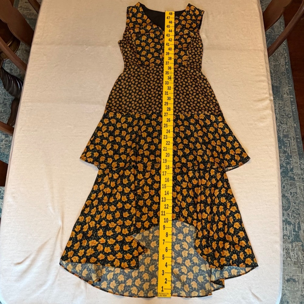 Sam Edelman Tiered Midi Dress Women 8 Black Yellow Floral Ruffle High-Low - Picture 13 of 16